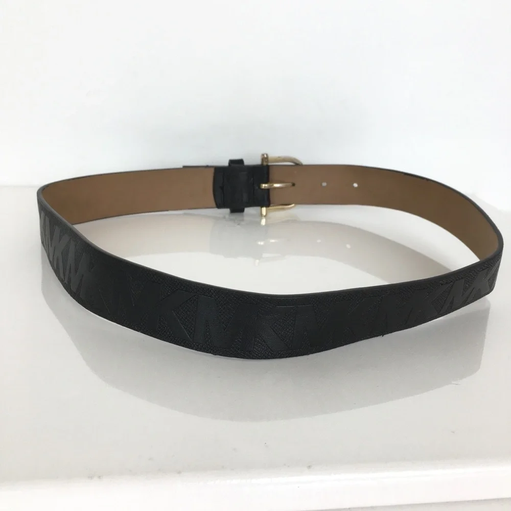 Michael Kors Black Leather Monogram Belt Gold Tone Metal Horseshoe Buckle Size S - Picture 5 of 10